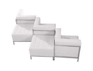 White LeatherSoft 5 Piece Modular Chair & Ottoman Set w/Taut Back &Seat