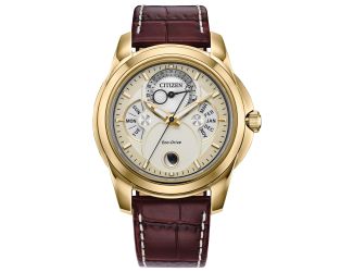 Men's Calendrier Leather Strap watch, Gold-Tone dial