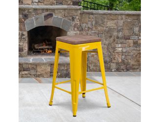 24" High Backless Yellow Metal Counter Height Stool with Square Wood Seat