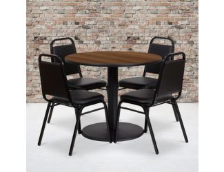 36" Round Walnut Laminate Table with Round Base and 4 Black Banquet Chairs