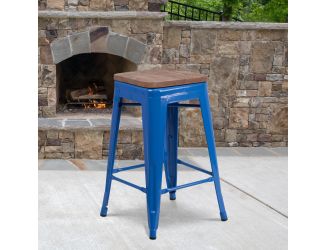 24" High Backless Blue Metal Counter Height Stool with Square Wood Seat