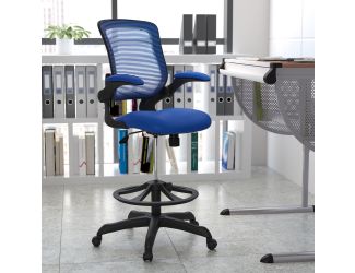 Mid-Back Blue Mesh Ergonomic Drafting Chair with Foot Ring and Flip-Up Arms