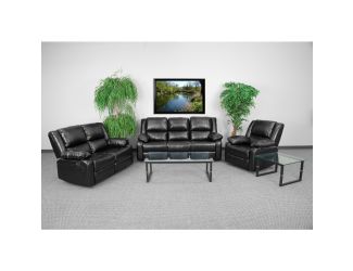 Contemporary Black LeatherSoft Reclining Plush Pillow Back Sofa Set-Padded Arms