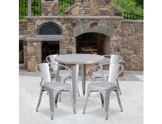 30" Round Silver Metal Indoor-Outdoor Table Set with 4 Arm Chairs