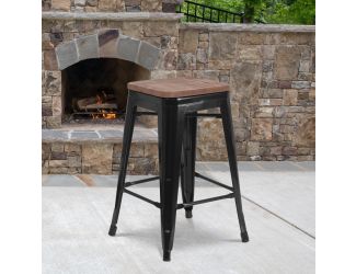 24" High Backless Black Metal Counter Height Stool with Square Wood Seat