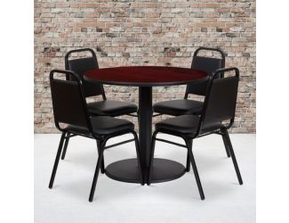 36" Round Mahogany Laminate Table with Round Base and 4 Black Banquet Chairs