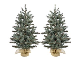 Set of Two 4-Ft. Heritage Pine Artificial Trees with Burlap Bases and LED String Lights
