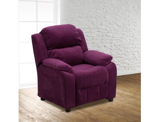 Deluxe Padded Contemporary Purple Microfiber Kids Recliner with Storage Arms