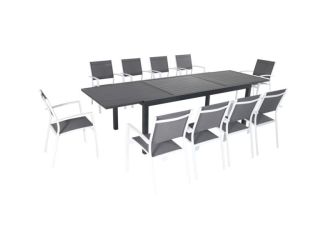 Naples 11-Piece Outdoor Dining Set with 10 Sling Chairs in Gray/White and a 40" x 118" Expandable Di