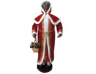 58-In. African American Dancing Mrs. Claus with Hooded Cloak and Basket, Life-Size Motion-Activated