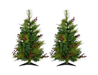 Set of Two 2-Ft. Red Berry Mixed Pine Artificial Trees with Battery-Operated Multi-Colored LED Strin