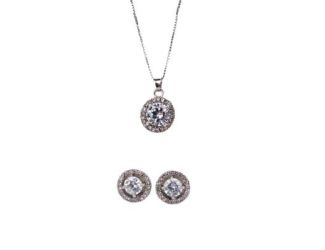 White Gold Tone Halo CZ Necklace and Earrings Set