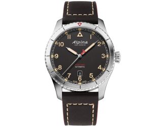 Alpina Mens Automatic Startimer Leather Strap Watch, Black dial