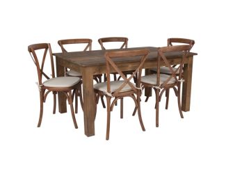 60" x 38" Antique Rustic Farm Table Set with 6 Cross Back Chairs and Cushions