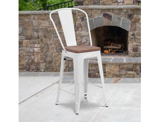 24" High White Metal Counter Height Stool with Back and Wood Seat