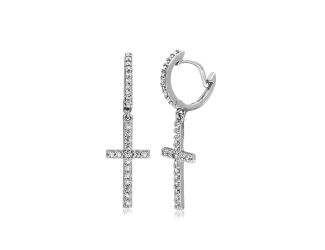 PARIKHS Rhodium Plated Hanging CZ Cross Huggie Earring in 925 Sterling Silver