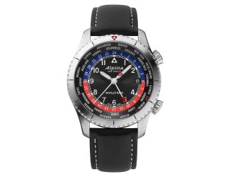Alpina Mens Startimer Leather Strap watch, Black dial
