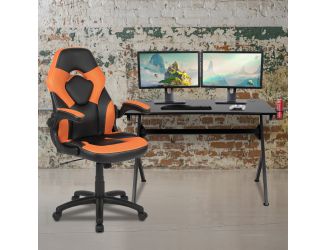 Black/Orange Gaming Desk Bundle - Cup/Headphone Holder, Wire Management