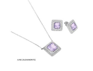 PARIKHS Rhodium Plated Square Alexandrite and CZ Cluster June Birthstone Set in 925 Sterling Silver