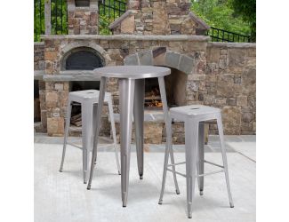 24" Round Silver Metal Indoor-Outdoor Bar Table Set with 2 Backless Stools