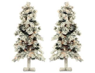5.0-Ft Snowy Alpine Snow Flocked Christmas Tree with Lifelike Trunk Base and Clear Lights, Set of 2