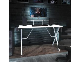 White Gaming Desk - Cup Holder, Headphone Hook, Monitor/Smartphone Stand