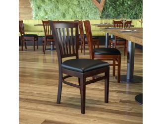 Vertical Slat Back Walnut Wood Restaurant Chair - Black Vinyl Seat