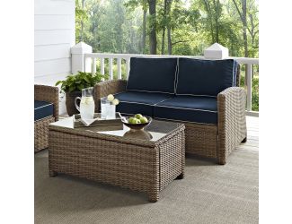 Bradenton 2 Piece Outdoor Wicker Seating Set with Navy Cushions - Loveseat & Glass Top Table