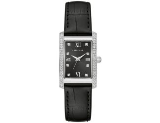 Caravelle Ladies Crystal Leather Strap watch, Black dial