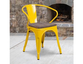 Yellow Metal Chair with Wood Seat and Arms - Restaurant Furniture