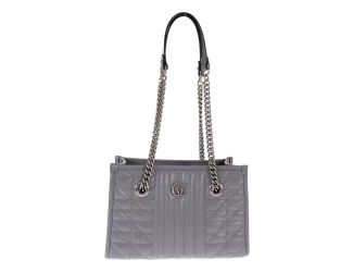 Gucci GG Marmont Silver Medium Chain Shoulder Tote Bag Gray Leather