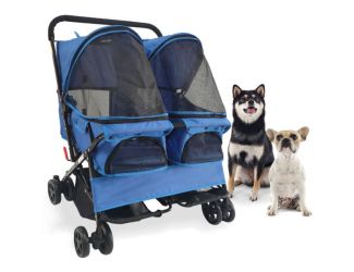 Double Pet Stoller for 2 Pets 44 Lbs. and Under with 2 Storage Baskets, Blue
