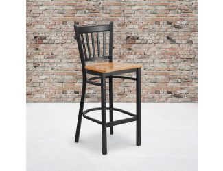 Black Vertical Back Metal Restaurant Barstool - Natural Wood Seat