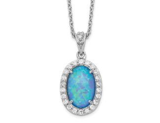 Sterling Silver Cheryl M Rhodium Plated CZ & Created Blue Opal Oval Necklace