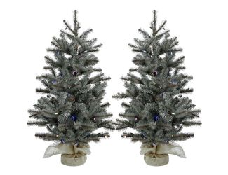 Set of Two 4-Ft. Heritage Pine Artificial Trees with Burlap Bases and Multi-Colored LED String Light