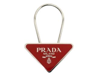Prada Enameled Metal Key Ring Red and Gold Triangle Logo Purse Charm