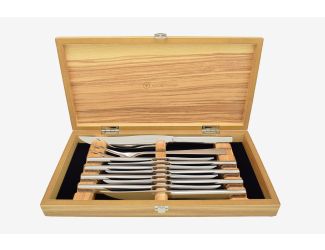 Stainless Ten Piece Steak Knife and Carving Set In Olivewood Chest