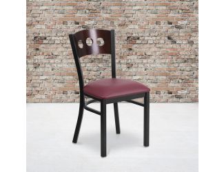 Black 3 CIR Back Metal Restaurant Chair - Walnut Wood Back, Burgundy Vinyl Seat