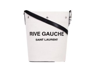 Saint Laurent Rive Gauche Black Leather Trim Linen Bucket Bag