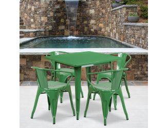 31.5" Square Green Metal Indoor-Outdoor Table Set with 4 Arm Chairs
