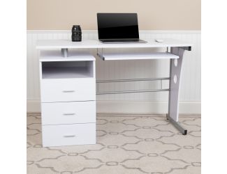 White Desk with Three Drawer Single Pedestal and Pull-Out Keyboard Tray