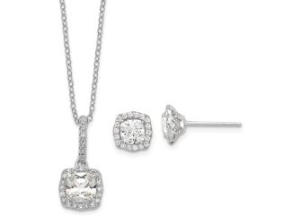 Sterling Silver Polished Rhodium-plated CZ 18in Necklace/Post Earrings Set