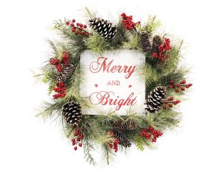 26-Inch Frosted Wreath with Pinecones, Red Berries, and Merry Christmas Sign