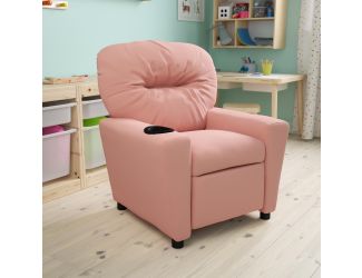 Contemporary Pink Vinyl Kids Recliner with Cup Holder - Hardwood Frame