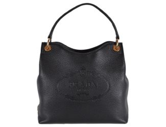 Prada Vitello Phenix Black Leather Embossed Logo Hobo Tote Bag