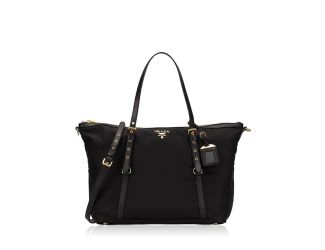 Prada Tessuto Nylon Saffiano Leather Black Top Zip Tote Bag