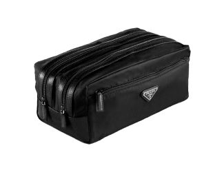 Prada Black Tessuto Nylon Saffiano Leather Trim Double Zip Necessaire Dopp Toiletry Bag