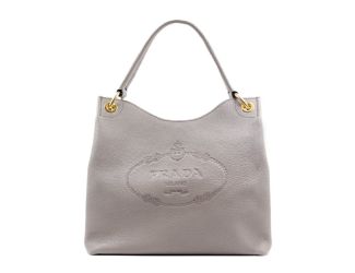 Prada Vitello Phenix Grey Leather Embossed Logo Hobo Tote Bag
