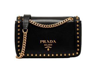 Prada Pattina Black Glace Calf Leather Studded Flap Crossbody Bag Gold Chain