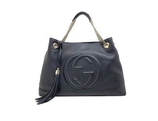 Gucci GG Pebbled Calfskin Medium Soho Gold Chain Shoulder Bag Black